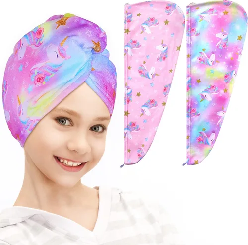 Vista 15 de FIOBEE Toalla Envolvente de Microfibra para el Cabello para Niños, Toalla de Secado Rápido, Turbantes Absorbentes para Cabello Húmedo con Botón