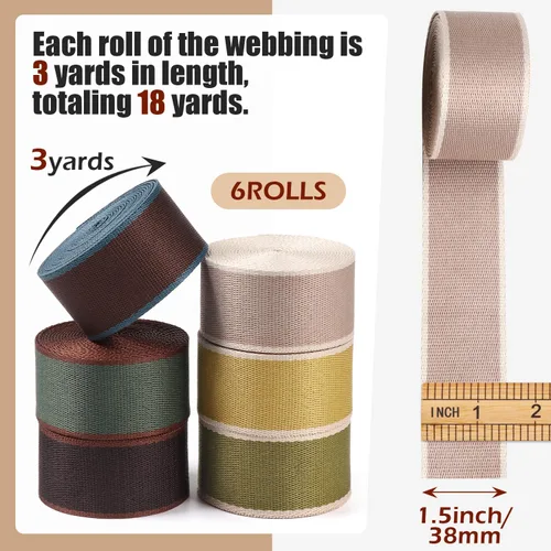 Vista 3 de Webbing 1.5 Inch-6 Rolls Polycotton 1 1/2 inch Webbing Strap for Bag Making-1.5 "Cotton Striped Ribbon for Purse Backpack Luggage Straps 18 Yards