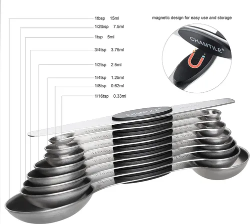 Vista 2 de Juego de 9 cucharas medidoras magnéticas de acero inoxidable de doble cara apilable, cucharada medidora para medir ingredientes secos y líquidos