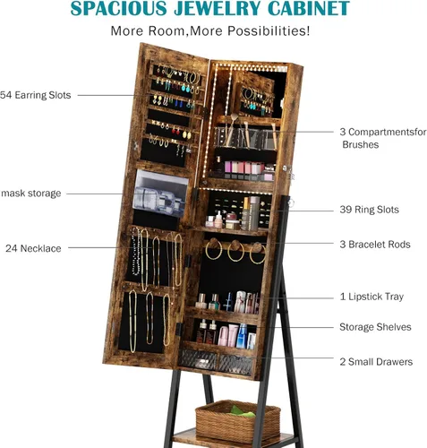 Vista 4 de soges LED Light Mirror Jewelry Cabinet, Full Length Mirror with Jewelry Storage, Standing Jewelry Armoire Organizer with Inside Makeup Mirror