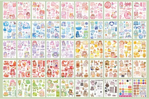 Vista 2 de Kawaii Washi - Juego de calcomanías (50 hojas), diseño de animales de dibujos animados, conejo, comida, bebida, etiqueta adhesiva decorativa
