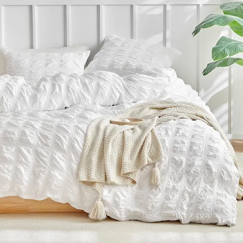 Vista 16 de WARMDERN - Juego de funda de edredón tamaño Queen, juego de ropa de cama de 3 piezas de microfibra lavada color beige, funda de edredón con textura