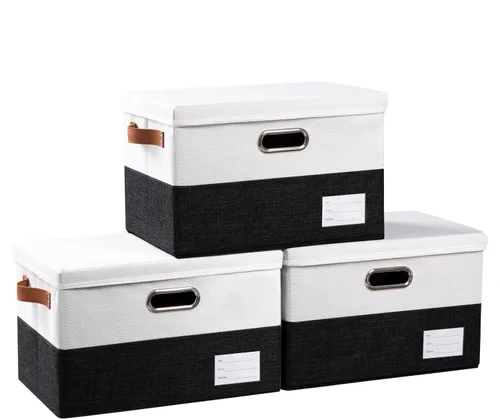 Vista 43 de PRANDOM Contenedores de almacenamiento con tapas [paquete de 3] cajas de almacenamiento plegables de tela de lino, canastas organizadoras, cubos