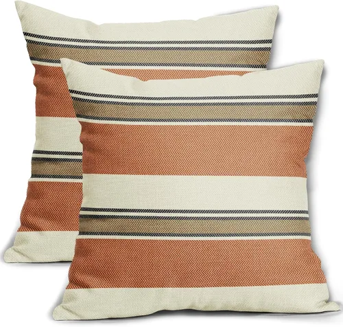 Vista 33 de Juego de 2 fundas de almohada a rayas negras y marrones de 16 x 16 pulgadas, diseño de rayas bohemias con estampado de rayas color crema, fundas