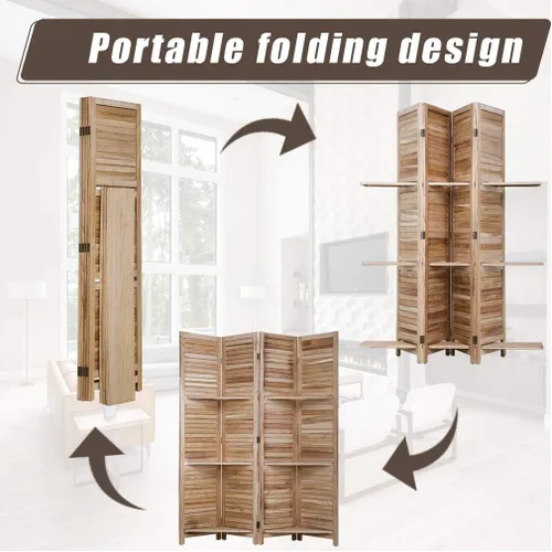 Vista 5 de Divisor de habitación de 4 paneles, pantalla plegable de madera de privacidad con tres estantes inteligentes, divisor de madera portátil para Natural