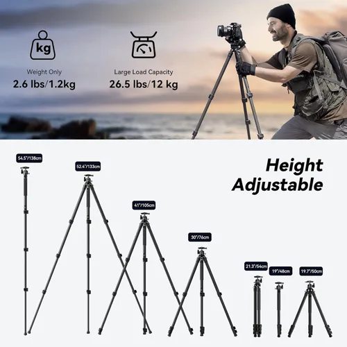 Vista 3 de SmallRig AP-10 Trípode de fibra de carbono, trípode ligero de 52.4 pulgadas para cámara compacta con monopie desmontable, cabezal de bola de 360°