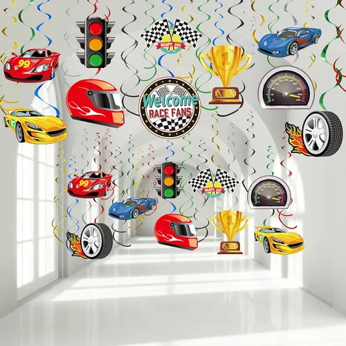Containlol 30 Pieces Race Car Party Hanging Swirls Decorations, Checkered Flags Racing Birthday Party Foil Ceiling Decor for Kids Boys Men Fans
