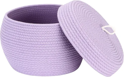 Vista 22 de Sea Team Cesta de almacenamiento redonda de cuerda de algodón con tapa, cesta de almacenamiento tejida con pompones de arcoíris coloridos, maceta