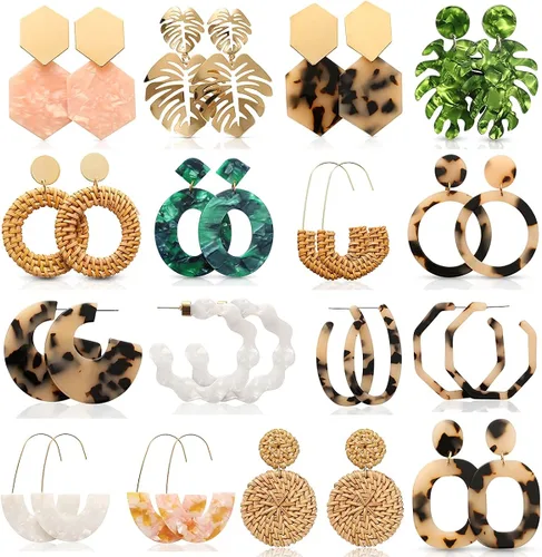 LANTAI 16 Pairs Trendy Acrylic Earrings Rattan Earrings for Women Girls-Summer Beach Straw Earrings Resin Dangle Drop Fashion Earrings Geometric
