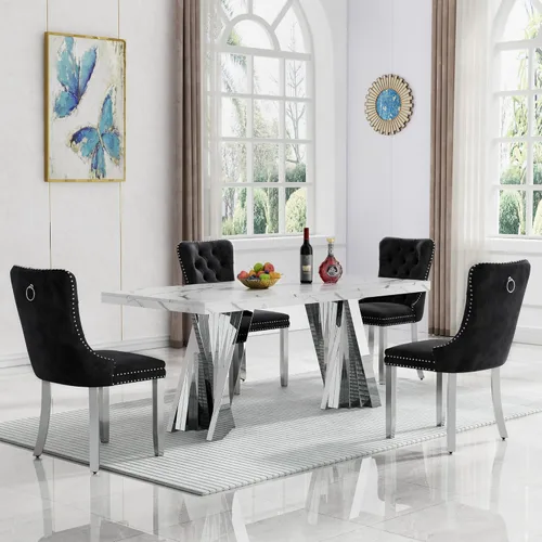 Vista 55 de HomVent - Juego de mesa de comedor de mármol sintético de 68 pulgadas con 4 sillas de terciopelo para cocina