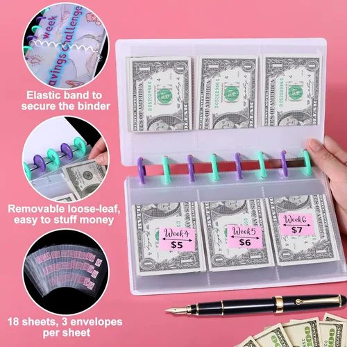 Vista 6 de AIERSA 52 Week Money Saving Challenge Binder Envelopes Kit, Fun Budget Binder Book Organizer with Cash Envelopes for 52 Weeks Cash Stuffing