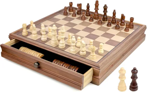 REEIVER - Juego de ajedrez de madera de 15 pulgadas con cajón de almacenamiento integrado, juegos de mesa de ajedrez y damas 2 en 1 para adultos y