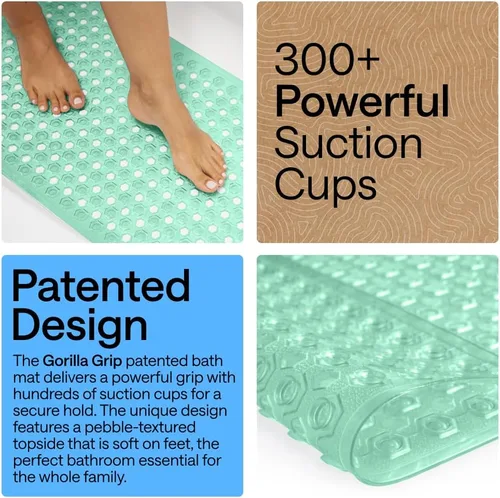 Vista 3 de GORILLA GRIP - Alfombrilla patentada para bañera y ducha, tapete lavable para el piso de la bañera, ventosas y orificios de drenaje para mantener