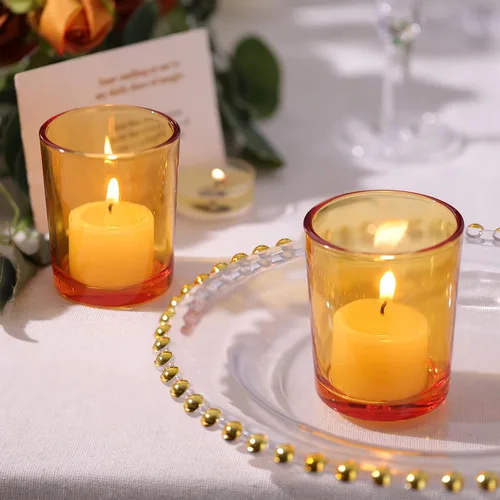 Vista 3 de LETINE 36 piezas Portavelas votivas de ámbar - Portavelas de vidrio para velas de té para decoración de mesa de otoño, centros de mesa de boda boho