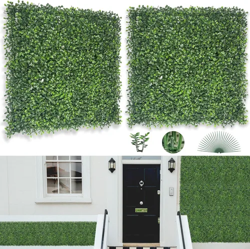 Vista 11 de Bybeton Panel de pared verde artificial, 20 x 20 pulgadas, 16 unidades, paneles de césped sintético de boj anti rayos UV para telón de fondo, pared