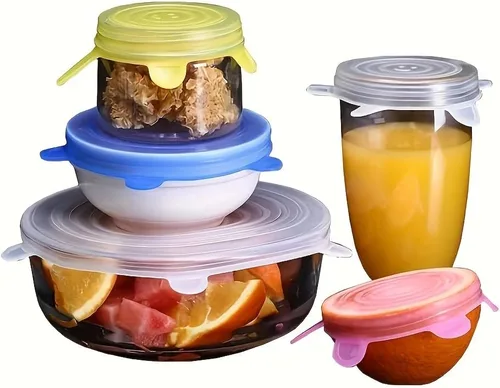 Vista 7 de Tapas elásticas de silicona, 6 tamaños, cubiertas reutilizables de almacenamiento de alimentos para cuencos, frutas y recipientes (azul, 6 unidades)