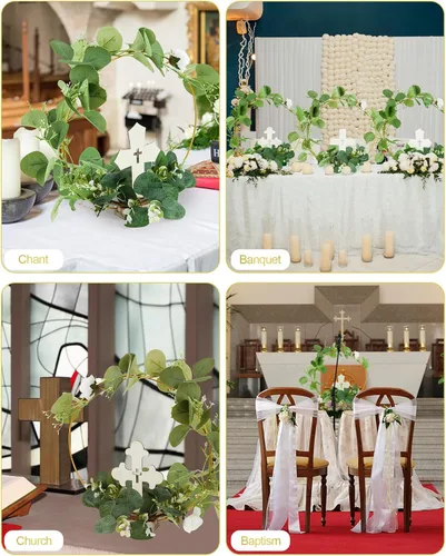 Vista 6 de 48 centros de mesa de bautismo para mesas, 24 cruces de madera para manualidades, 24 centros de mesa de aro floral de metal con soporte, centros
