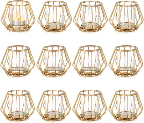 Vista 8 de Portavelas geométricos para velas de té, centro de mesa de boda para mesas, soporte de velas votivas de metal con vasos, café, decoración