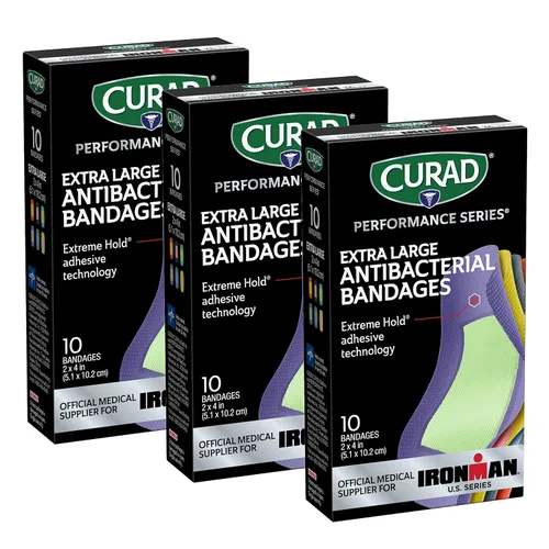 Vista 10 de CURAD Performance Series - Vendajes antibacterianos, tecnología adhesiva de sujeción extrema, vendajes de tela flexible extra grandes para cortes