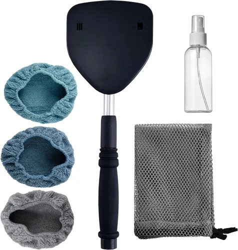 Vista 2 de Herramienta de limpieza de vidrio giratoria para parabrisas de Polyte, mango de aluminio extensible con 3 cubiertas de microfibra de calidad