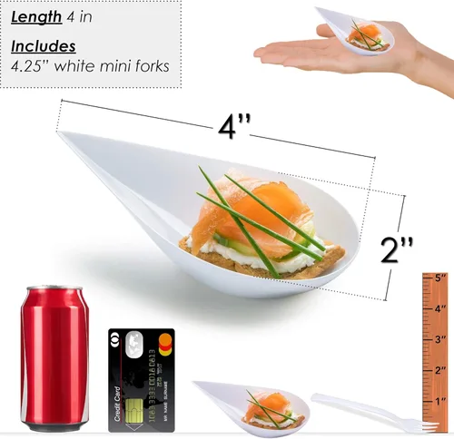 Vista 3 de DLux 100 mini platos de aperitivo de 4 pulgadas con tenedores, cucharas de plástico blanco reutilizables, platos para servir postres y aperitivos