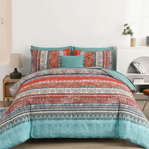 Vista 28 de Cottolester - Juego de edredón bohemio de tamaño matrimonial, 8 piezas, ropa de cama de microfibra suave en una bolsa, rayada y de color aguamarina