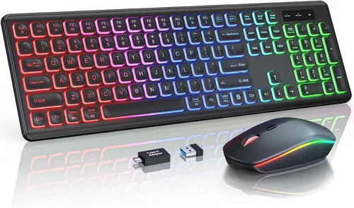 Vista 13 de Combo de Teclado y Mouse Inalámbricos, Retroiluminación RGB, Recargable y Letras Iluminadas, Tamaño Completo, Escritura Suave, Modo de Reposo, Set