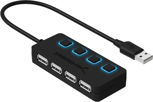 SABRENT Hub de datos USB 2.0 de 4 puertos con interruptores de alimentación individuales con LED iluminados [no se admite la carga] para Mac y PC