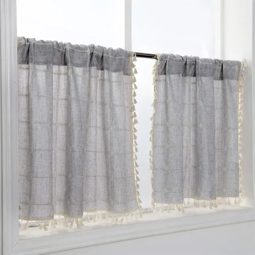 Vista 10 de YoKii Cortinas bohemias de cocina de 36 pulgadas de largo, modernas cortinas cortas de lino y algodón para ventana, cortinas semitransparentes