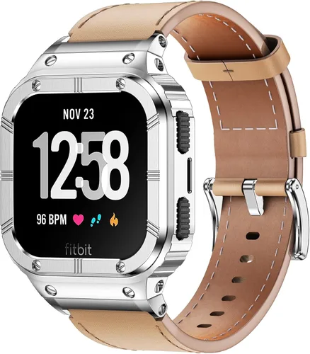 Vista 9 de BAITEYOU Correas de cuero con funda de acero inoxidable compatible con Fitbit Versa 1 2 3 4 Lite Sense 2 1 funda protectora para hombres