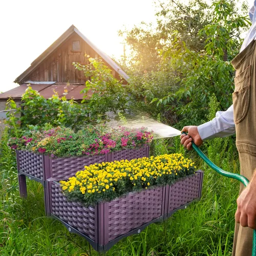 Vista 5 de Cama de jardín elevada de plástico de 4 piezas, cajas de cultivo, kit de caja de cuidado para plantas de interior y exterior, cajas de jardín