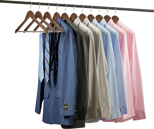 Vista 3 de Paquete de 30 perchas de madera maciza con barra antideslizante y muescas cortadas con precisión, gancho cromado giratorio de 360 grados, acabado