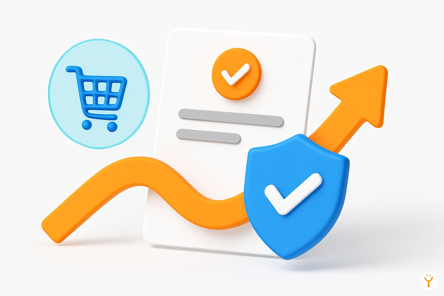 Composición 3D minimalista con elementos de confirmación de compra y flujo de datos en colores naranja y azul
