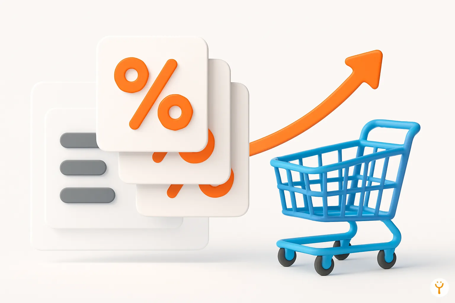 Ilustración de productos apilados con etiquetas de descuento por cantidad en tonos naranja y azul